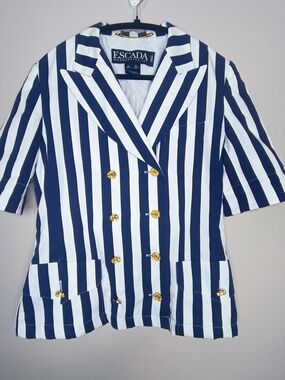 Vintage Escada Margaretha Ley Navy White Striped Nautical Blazer Size 6